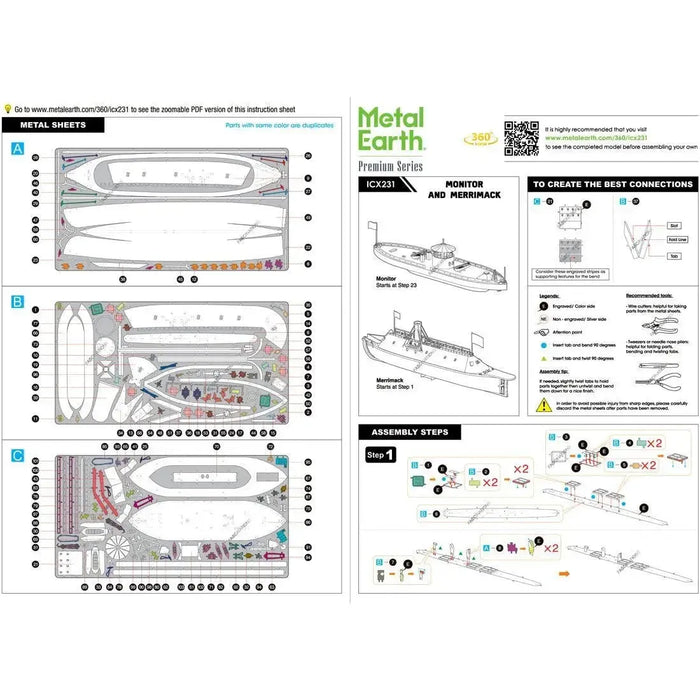 American Civil War [Battle of the Ironclads] - Monitor & Merrimack Ship Figures Model Kit Set (Steel, Challenging Difficulty) - Fascinations - Metal Earth Premium Series