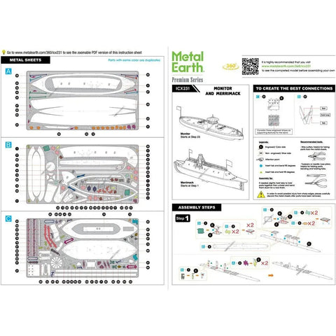 American Civil War [Battle of the Ironclads] - Monitor & Merrimack Ship Figures Model Kit Set (Steel, Challenging Difficulty) - Fascinations - Metal Earth Premium Series
