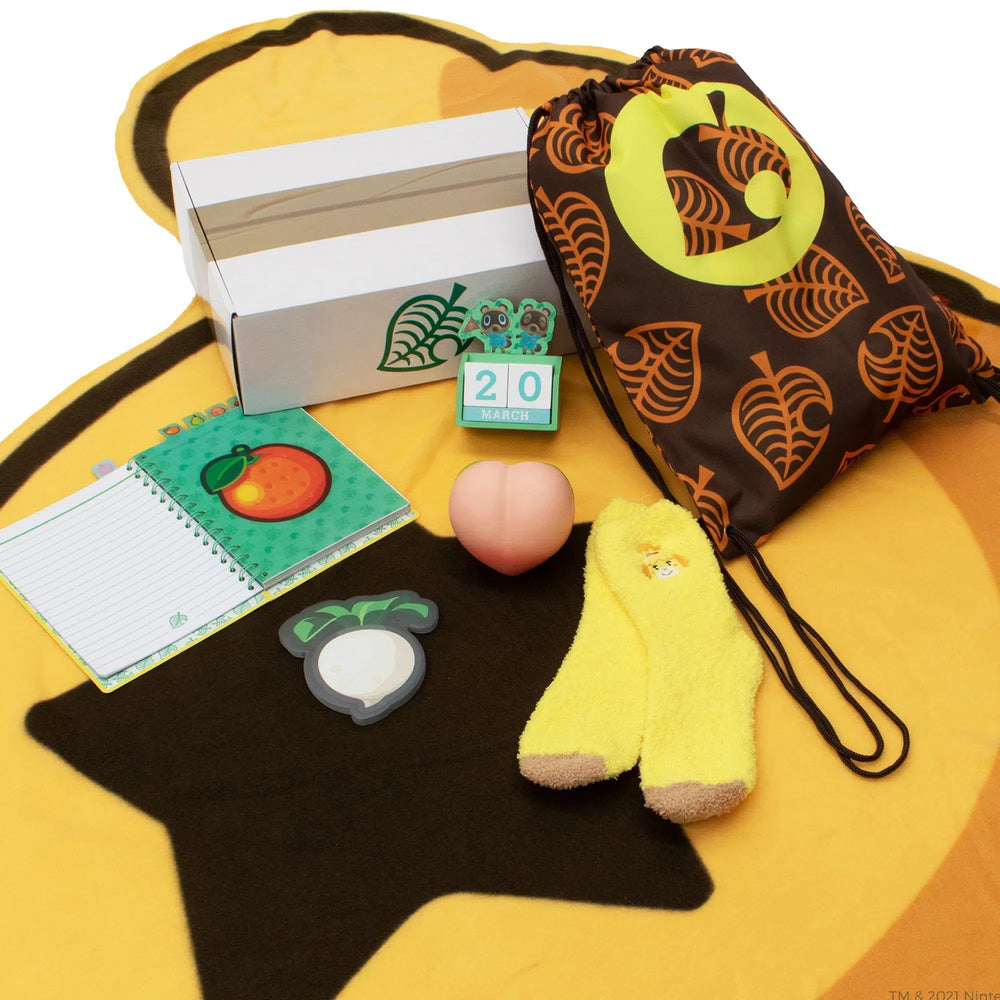 Animal Crossing: New Horizons - Collector's Gift Box Set - Culturefly - Wooden Block Calendar, Throw Blanket, Journal, Socks, Sticky Notes, Stress Ball, Drawstring Backpack