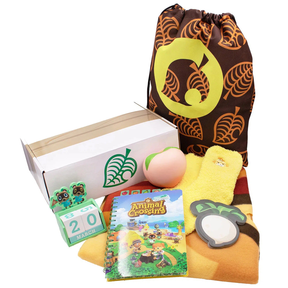 Animal Crossing: New Horizons - Collector's Gift Box Set - Culturefly - Wooden Block Calendar, Throw Blanket, Journal, Socks, Sticky Notes, Stress Ball, Drawstring Backpack