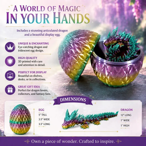 Aurora Prism Dragon Hatchling Toy Figure with Egg (3D Printed) - Wonderland Workshop
