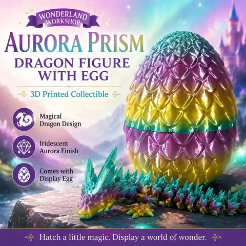 Aurora Prism Dragon Hatchling Toy Figure with Egg (3D Printed) - Wonderland Workshop - Image 1