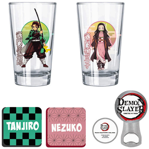 Demon Slayer - Drinking Glasses Collector's Gift Box Set - Two Glasses (16 oz.), Bottle Opener, Coaster Set