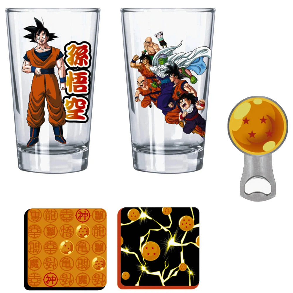 Dragon Ball Z - Drinking Glasses Collector's Gift Box Set - Two Glasses (16 oz.), Bottle Opener, Coaster Set