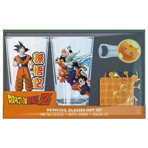 Dragon Ball Z - Drinking Glasses Collector's Gift Box Set - Two Glasses (16 oz.), Bottle Opener, Coaster Set