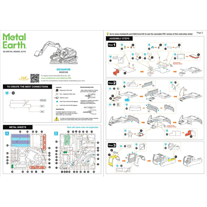 Excavator Construction Vehicle Figure Model Kit (Steel, Moderate Difficulty) - Fascinations - Metal Earth Series - (2022)