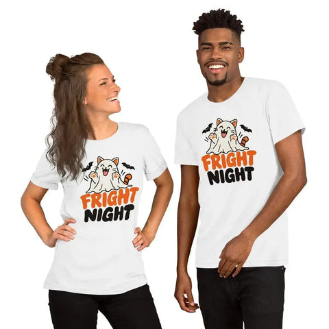 Fright Night T-Shirt - Cute Halloween Ghost Cat and Bats Graphic Tee - Image 44