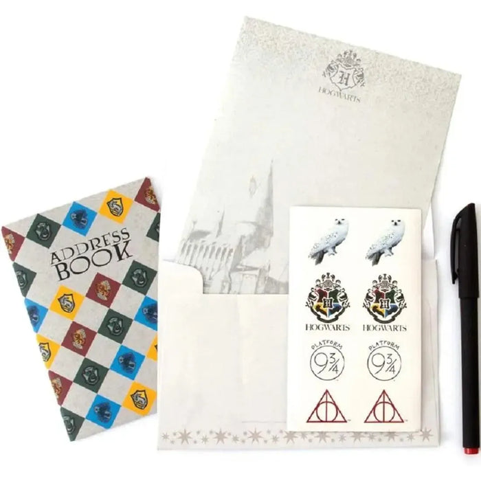 Harry Potter - Hogwarts 30-Piece Stationary Gift Set - (Letters, Envelopes, Postcards, Address Book, Pen, Eraser, Notepad) - Paper House Products - Playhouse Series
