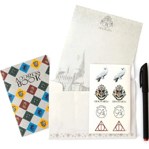 Harry Potter - Hogwarts 30-Piece Stationary Gift Set - (Letters, Envelopes, Postcards, Address Book, Pen, Eraser, Notepad) - Paper House Products - Playhouse Series