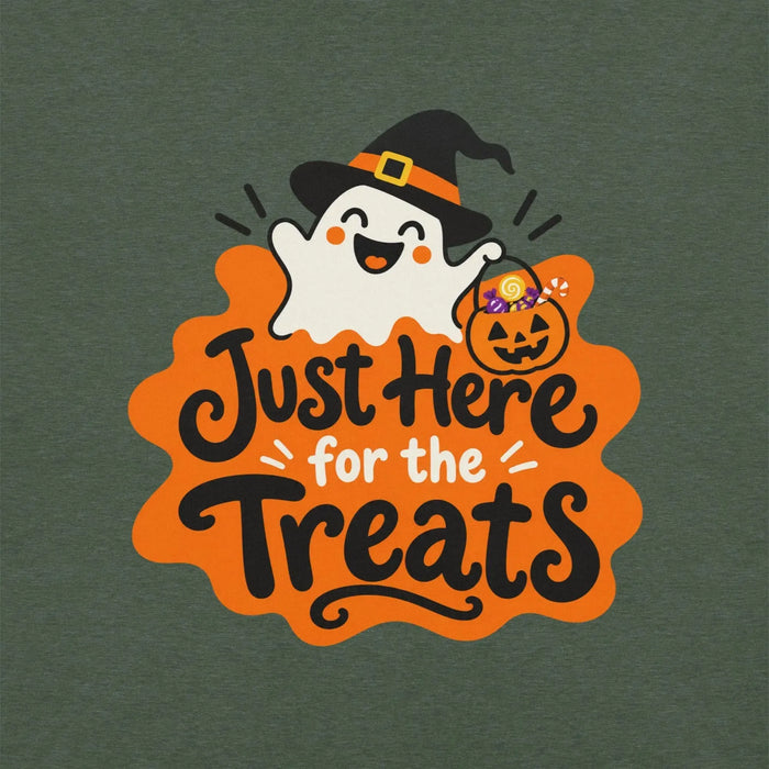 Just Here for the Treats T-Shirt - Cute Halloween Ghost and Candy Graphic Tee
