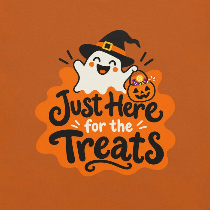 Just Here for the Treats T-Shirt - Cute Halloween Ghost and Candy Graphic Tee