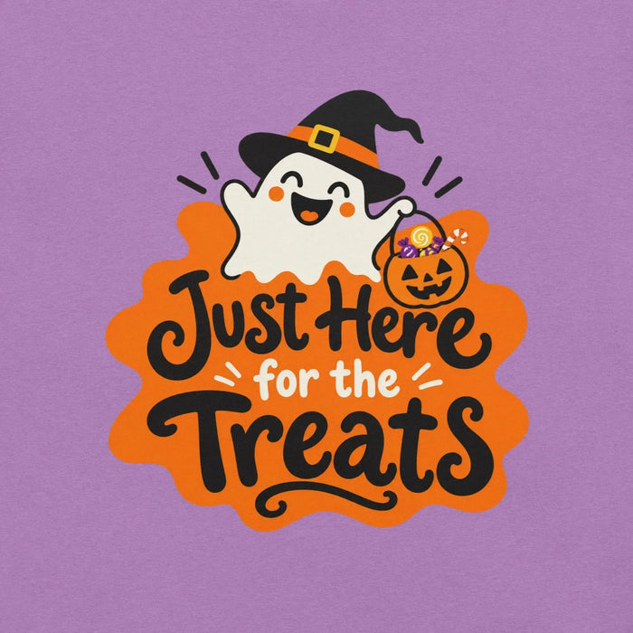 Just Here for the Treats T-Shirt - Cute Halloween Ghost and Candy Graphic Tee