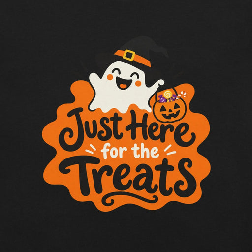 Just Here for the Treats T-Shirt - Cute Halloween Ghost and Candy Graphic Tee