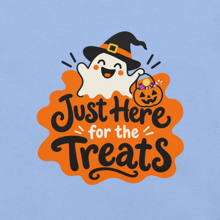 Just Here for the Treats T-Shirt - Cute Halloween Ghost and Candy Graphic Tee