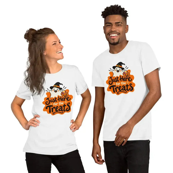 Just Here for the Treats T-Shirt - Cute Halloween Ghost and Candy Graphic Tee