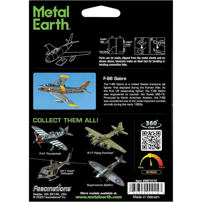 Korean War - F-86 Sabre American Plane Figure Model Kit (1:72 Scale, Steel, Moderate Difficulty) - Fascinations - Metal Earth Series