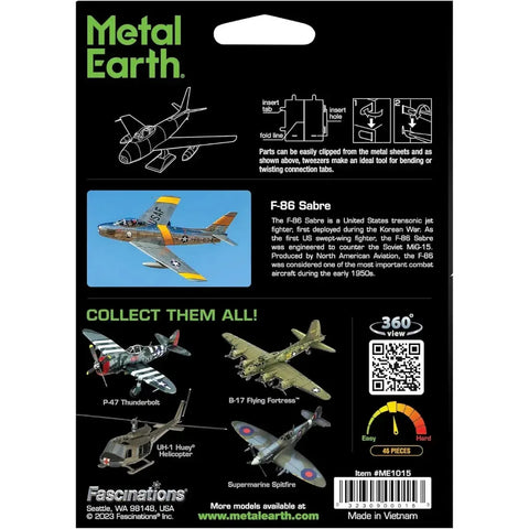 Korean War - F-86 Sabre American Plane Figure Model Kit (1:72 Scale, Steel, Moderate Difficulty) - Fascinations - Metal Earth Series