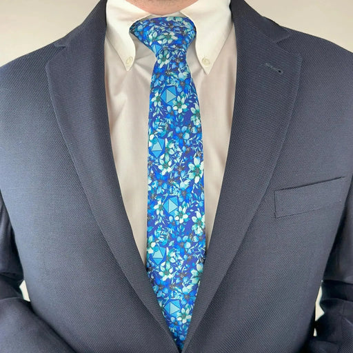 Light Blue Floral Dice Pattern Premium Necktie (Handmade, 100% Silk) - Adventurer's Forge