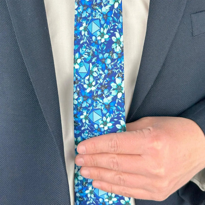 Light Blue Floral Dice Pattern Premium Necktie (Handmade, 100% Silk) - Adventurer's Forge