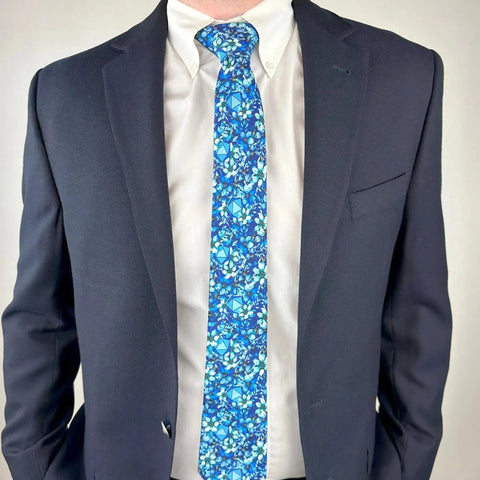 Light Blue Floral Dice Pattern Premium Necktie (Handmade, 100% Silk) - Adventurer's Forge