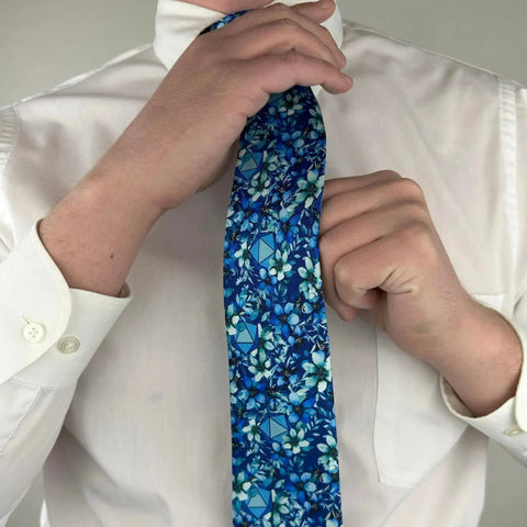 Light Blue Floral Dice Pattern Premium Necktie (Handmade, 100% Silk) - Adventurer's Forge