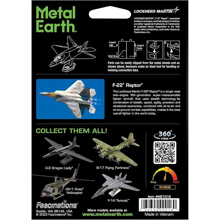 Lockheed Martin - F-22 Raptor Plane Figure Model Kit (1:137 Scale, Steel, Moderate Difficulty) - Fascinations - Metal Earth Series