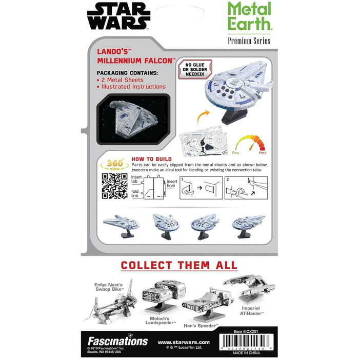 Star Wars - Lando's Millennium Falcon Spacecraft 3D Figure Model Kit (Steel, Hard Difficulty) - Fascinations - Metal Earth Premium Series - (2019)