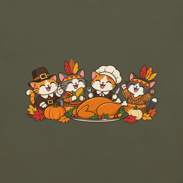 Thanksgiving Feast T-Shirt - Cute Pilgrim Cats and Turkey Graphic Tee