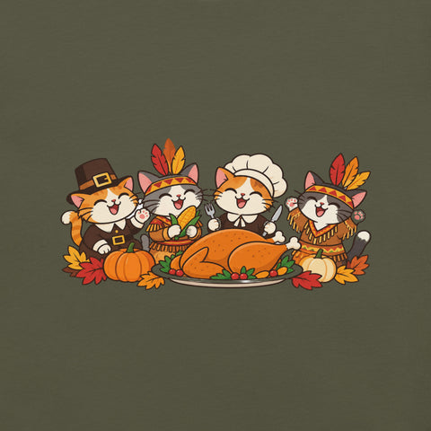 Thanksgiving Feast T-Shirt - Cute Pilgrim Cats and Turkey Graphic Tee - Image 14