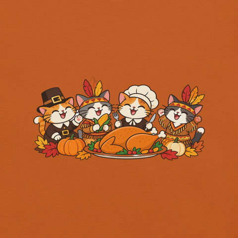 Thanksgiving Feast T-Shirt - Cute Pilgrim Cats and Turkey Graphic Tee - Image 2
