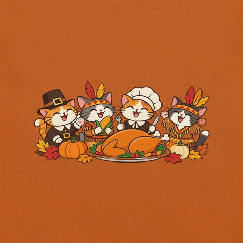 Thanksgiving Feast T-Shirt - Cute Pilgrim Cats and Turkey Graphic Tee - Image 2