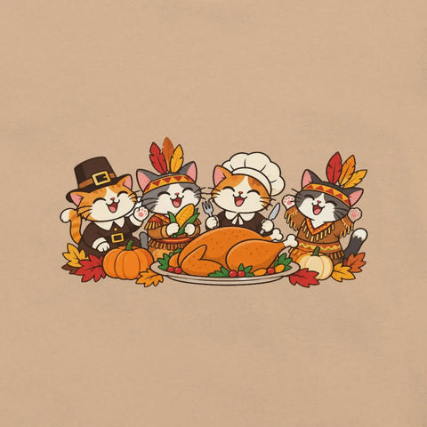 Thanksgiving Feast T-Shirt - Cute Pilgrim Cats and Turkey Graphic Tee - Image 30