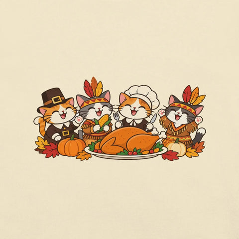 Thanksgiving Feast T-Shirt - Cute Pilgrim Cats and Turkey Graphic Tee - Image 42