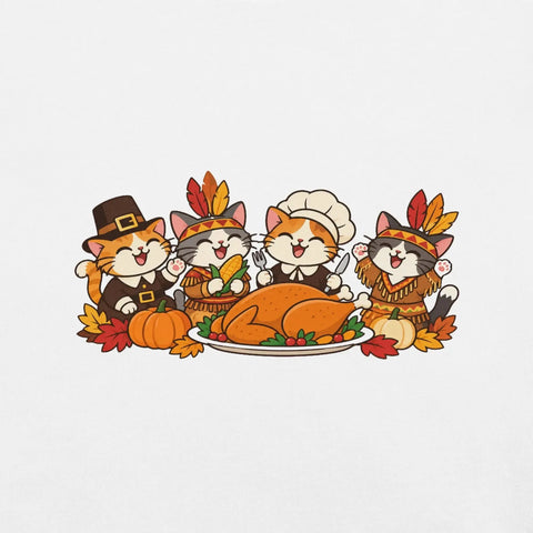 Thanksgiving Feast T-Shirt - Cute Pilgrim Cats and Turkey Graphic Tee - Image 46