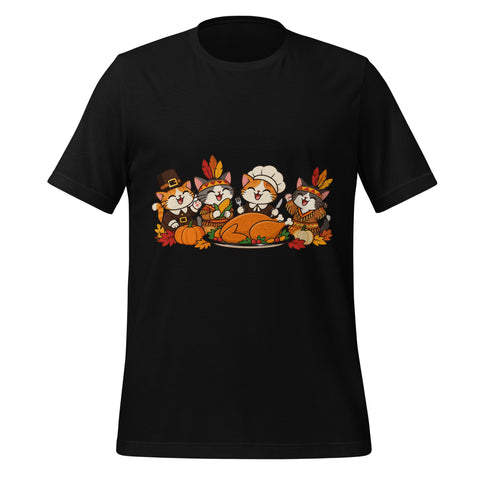 Thanksgiving Feast T-Shirt - Cute Pilgrim Cats and Turkey Graphic Tee - Image 5