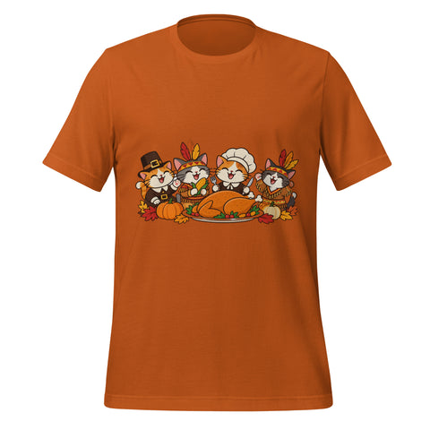 Thanksgiving Feast T-Shirt - Cute Pilgrim Cats and Turkey Graphic Tee - Image 1