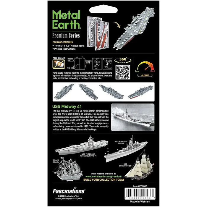 The United States Navy - USS Midway Aircraft Carrier Ship Figure Model Kit (1:1410 Scale, Steel, Challenging Difficulty) - Fascinations - Metal Earth Premium Series