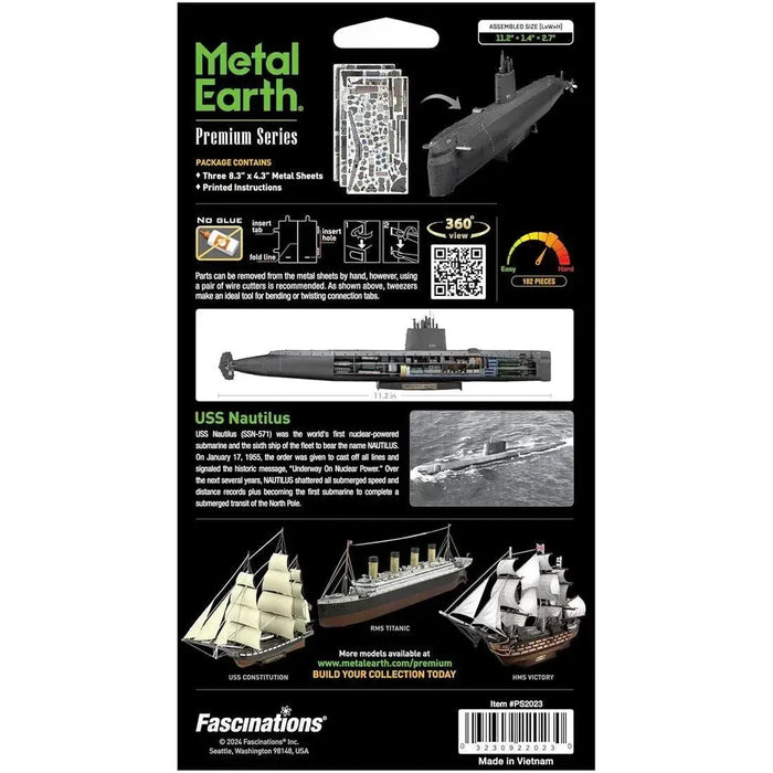 The United States Navy - USS Nautilus Nuclear Powered Submarine Ship Figure Model Kit (1:342 Scale, Steel, Challenging Difficulty) - Fascinations - Metal Earth Premium Series