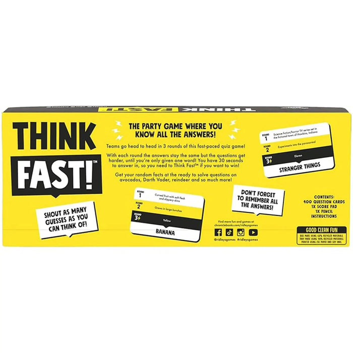 Think Fast! - Funny Trivia Card Game for Family, Adults, and Children (3+ Players, Ages 8+) - Ridley's Games