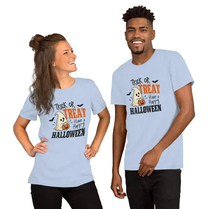 Trick or Treat Have a Happy Halloween T-Shirt - Cute Ghost and Pumpkin Graphic Tee
