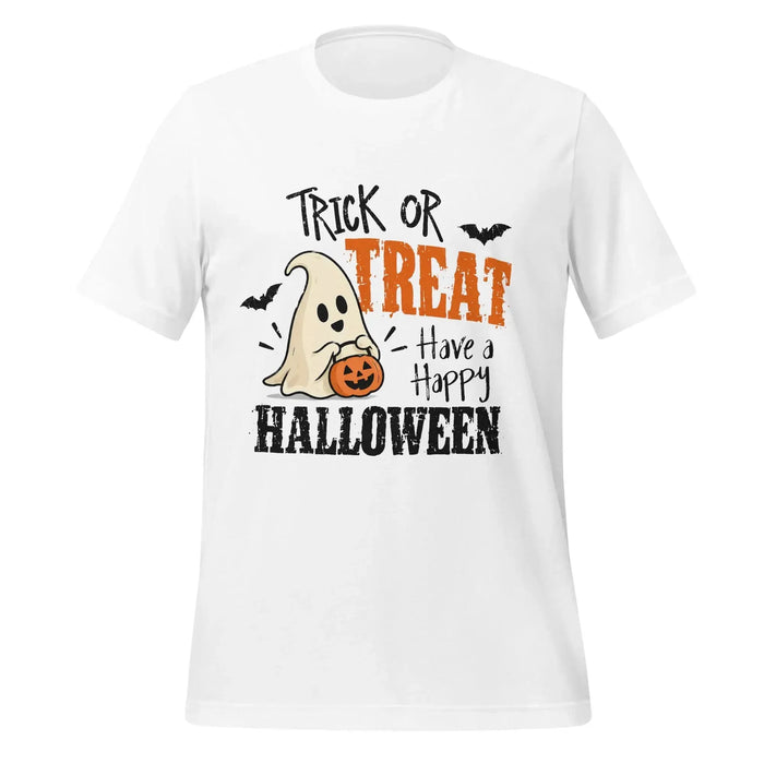 Trick or Treat Have a Happy Halloween T-Shirt - Cute Ghost and Pumpkin Graphic Tee