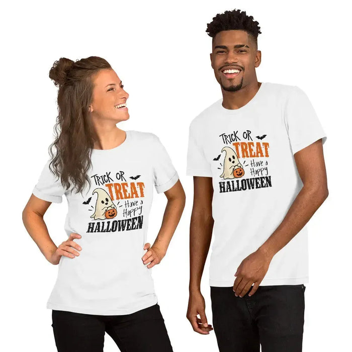Trick or Treat Have a Happy Halloween T-Shirt - Cute Ghost and Pumpkin Graphic Tee