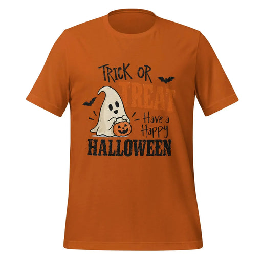 Trick or Treat Have a Happy Halloween T-Shirt - Cute Ghost and Pumpkin Graphic Tee