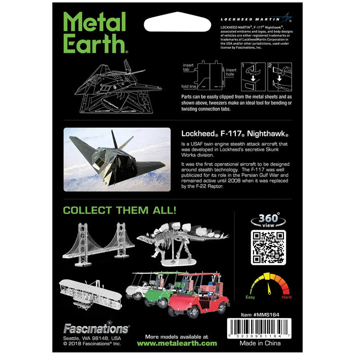 United States Air Force - Lockheed Martin F-117 Nighthawk Stealth Aircraft Figure Model Kit (1:151 Scale, Steel, Moderate Difficulty) - Fascinations - Metal Earth Series - (2023)