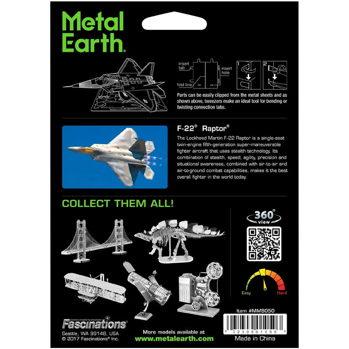 United States Air Force - Lockheed Martin F-22 Raptor Fighter Jet Figure Model Kit (Steel, Easy Difficulty) - Fascinations - Metal Earth Series - (2023)