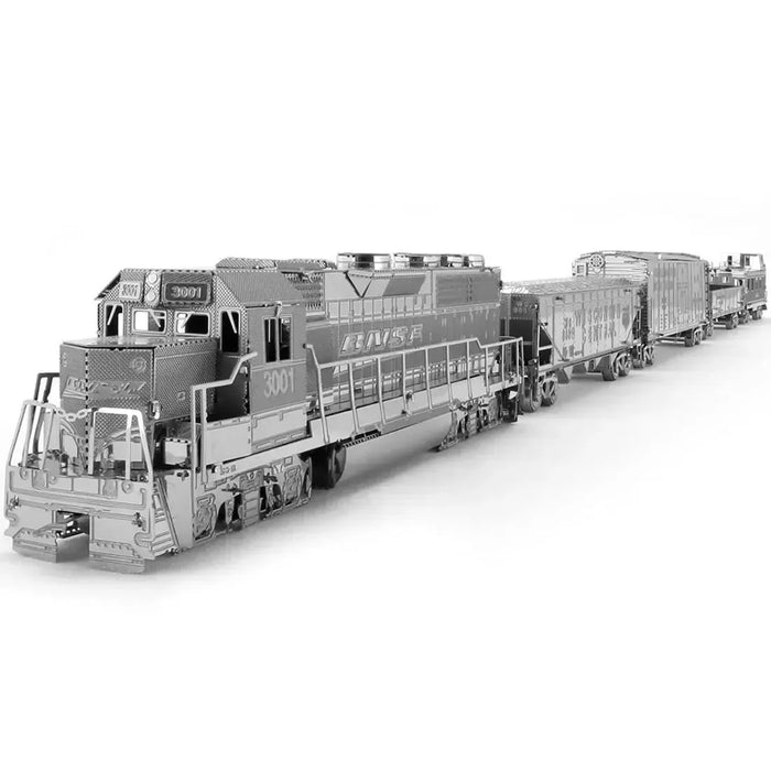 Unpainted Freight Train with Engine & 4 Cars Figure Model Kit Gift Set (Steel, Challenging Difficulty) - Fascinations - Metal Earth Premium Series