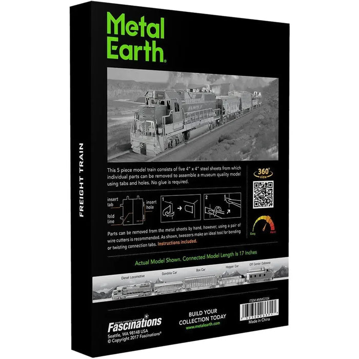 Unpainted Freight Train with Engine & 4 Cars Figure Model Kit Gift Set (Steel, Challenging Difficulty) - Fascinations - Metal Earth Premium Series