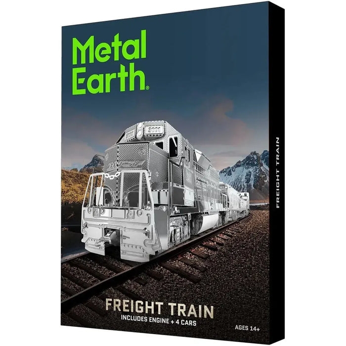 Unpainted Freight Train with Engine & 4 Cars Figure Model Kit Gift Set (Steel, Challenging Difficulty) - Fascinations - Metal Earth Premium Series