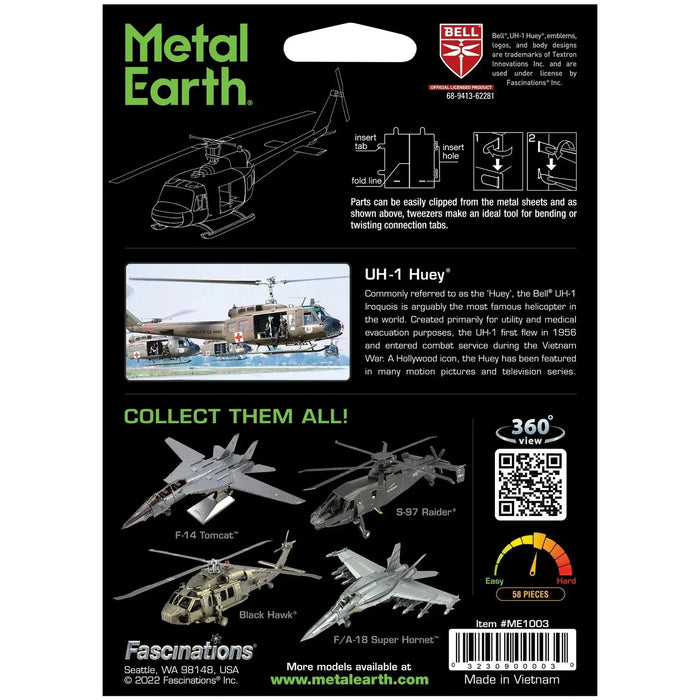 Vietnam War [United States Army] - Bell UH-1 Huey Helicopter 3D Figure Model Kit (1:80 Scale, Steel, Moderate Difficulty) - Fascinations - Metal Earth Series - (2023)