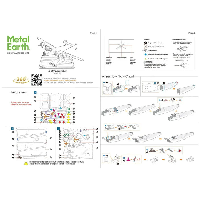 World War II - B-24 Liberator American Bomber Plane Figure Model Kit (1:156 Scale, Steel, Challenging Difficulty) - Fascinations - Metal Earth Series1
